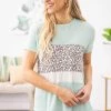 First Look Tops Mint And White Animal Print Colorblock Top