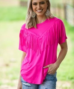 Melon Hot Pink Top With Fringe Bodice