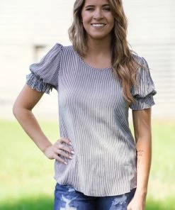 Fuego Too Tops Black And White Pinstripe Puff Sleeve Top
