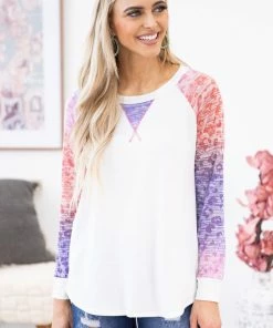 Hailey And Co LONG SLEEVES White Burnout Ombre Sleeve Top
