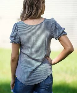 Fuego Too Tops Black And White Pinstripe Puff Sleeve Top