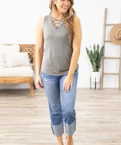 Hailey Apparel Sage Criss-Cross Front Tank Tops