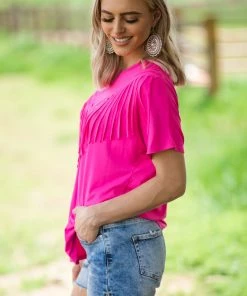 Melon Hot Pink Top With Fringe Bodice