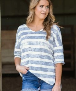 ADORA Tops Grey And Ivory Stripe Drop Shoulder Top