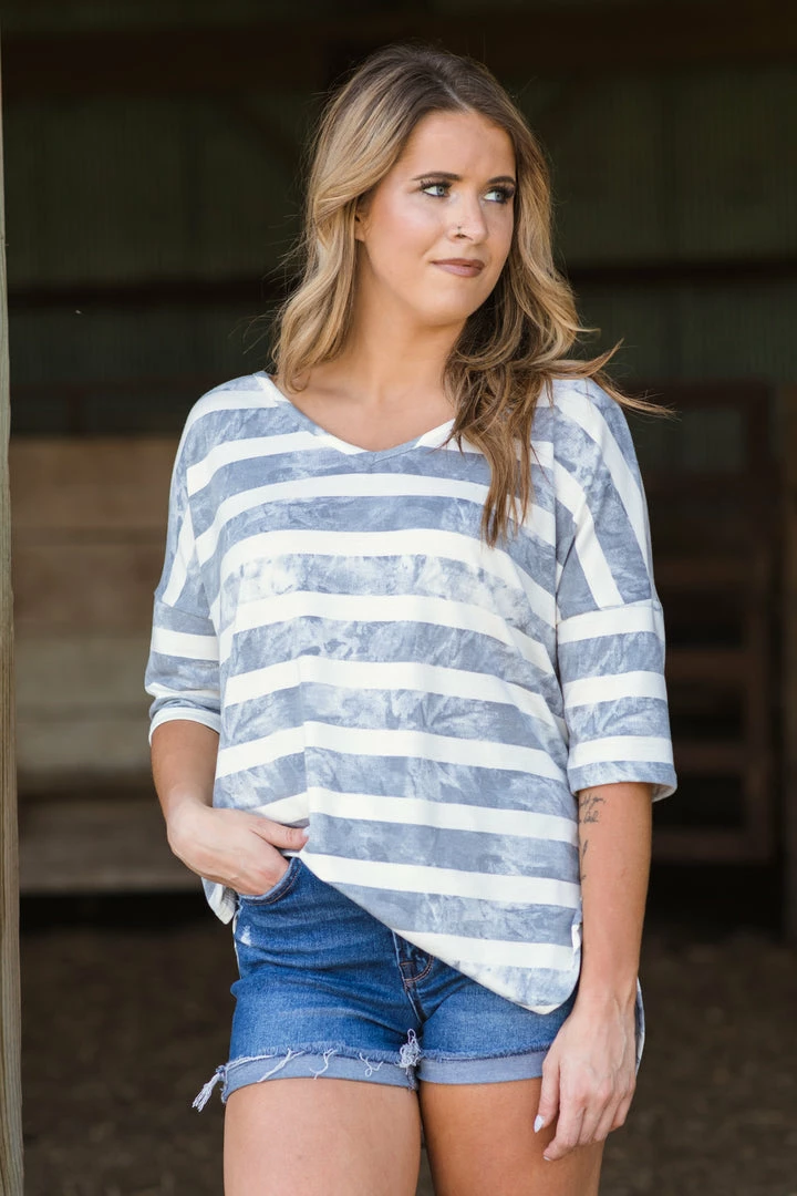 ADORA Tops Grey And Ivory Stripe Drop Shoulder Top 3 ADORA Tops Grey And Ivory Stripe Drop Shoulder Top