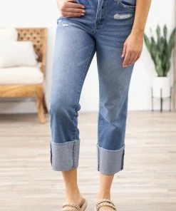 Zenana Bottoms Medium Wash High Rise Cuffed Jeans