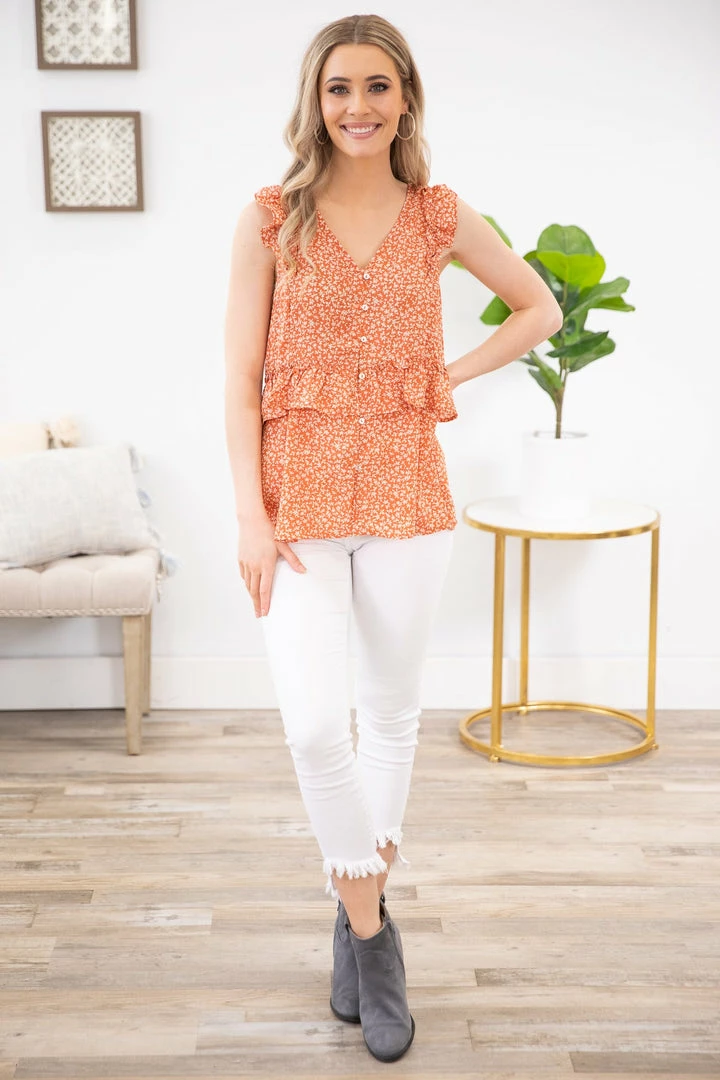 Doe & Rae Terra Cotta Floral Frill Cap Sleeve Blouse 4 Doe & Rae Terra Cotta Floral Frill Cap Sleeve Blouse