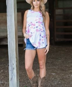 Heimish Tops Periwinkle And Pink Floral Print Tank