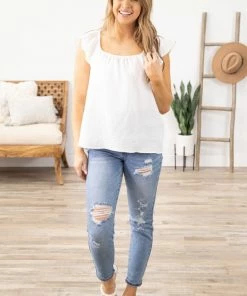 2 Hearts Inc White Textured Square Neck Tank Tops