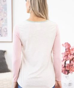 BIBI Blush And Mint Colorblock Top With Cutout LONG SLEEVES