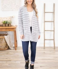 Staccato Heather Grey And White Stripe Cardigan LONG SLEEVES