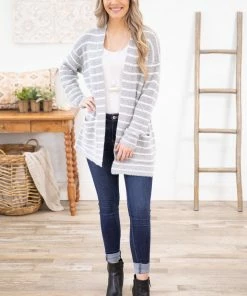Staccato Heather Grey And White Stripe Cardigan LONG SLEEVES
