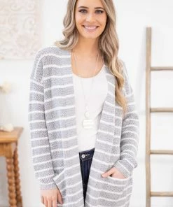 Staccato Heather Grey And White Stripe Cardigan LONG SLEEVES