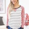7th Ray Neon Pink Animal Print Sleeve Top With Stripes LONG SLEEVES
