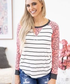 7th Ray Neon Pink Animal Print Sleeve Top With Stripes LONG SLEEVES