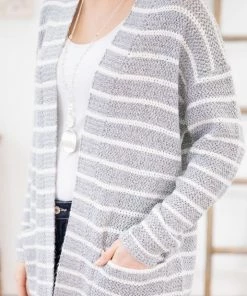 Staccato Heather Grey And White Stripe Cardigan LONG SLEEVES