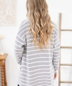 Staccato Heather Grey And White Stripe Cardigan LONG SLEEVES