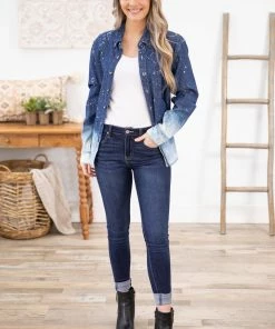 Southern Bliss LONG SLEEVES Dark Wash Ombre Bleach Splatter Button Up Top