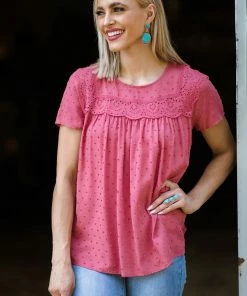 Staccato Tops Wine Swiss Dot Crochet Trim Detail Top