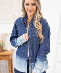 Southern Bliss LONG SLEEVES Dark Wash Ombre Bleach Splatter Button Up Top