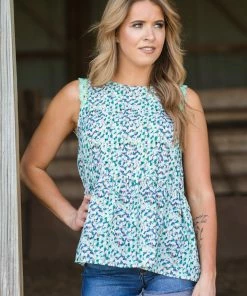 Staccato Green Multicolor Abstract Dot Lace Trim Tank