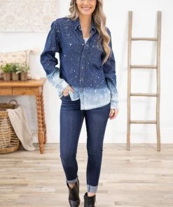 Southern Bliss LONG SLEEVES Dark Wash Ombre Bleach Splatter Button Up Top