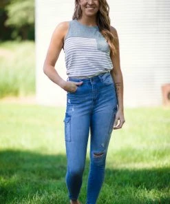 American Bazi Medium Wash Distressed Jeans With Cargo Pocket Bottoms