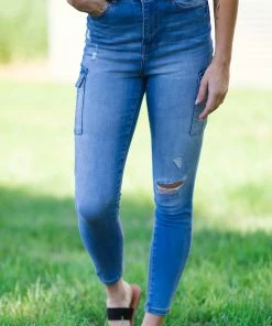 American Bazi Medium Wash Distressed Jeans With Cargo Pocket Bottoms