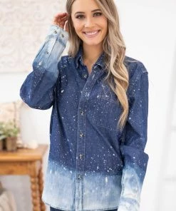 Southern Bliss LONG SLEEVES Dark Wash Ombre Bleach Splatter Button Up Top