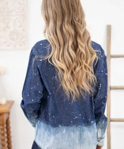 Southern Bliss LONG SLEEVES Dark Wash Ombre Bleach Splatter Button Up Top