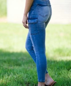 American Bazi Medium Wash Distressed Jeans With Cargo Pocket Bottoms