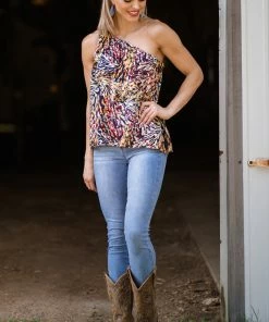 BIBI Tops Navy Multicolor Abstract Print Ruffle Trim Tank