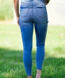 American Bazi Medium Wash Distressed Jeans With Cargo Pocket Bottoms