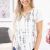 Phil Love SHORT SLEEVES Cream And Grey Cross Front Tie Dye Top