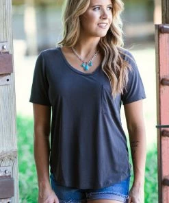 Style Melody Inc., Lovetree Tops Charcoal V-Neck Top With Pocket