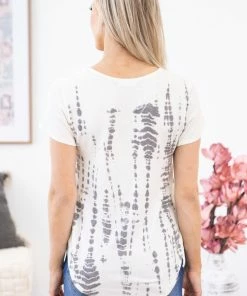 Phil Love SHORT SLEEVES Cream And Grey Cross Front Tie Dye Top