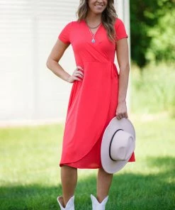 Chris & Carol Dresses Red Surplice Front Wrap Dress