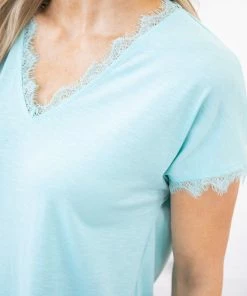 Shewin Aqua Lace Trim Short Sleeve Top SHORT SLEEVES 11 Shewin Aqua Lace Trim Short Sleeve Top SHORT SLEEVES