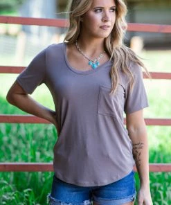 Style Melody Inc., Lovetree Mocha V-Neck Top With Pocket Tops