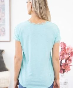 Shewin Aqua Lace Trim Short Sleeve Top SHORT SLEEVES 10 Shewin Aqua Lace Trim Short Sleeve Top SHORT SLEEVES