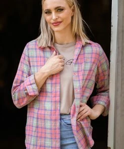 Timing Tops Pink Plaid Button Up Top