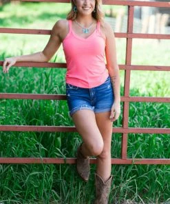 Filly Flair Neon Coral Rib Knit Fitted Tank Tops