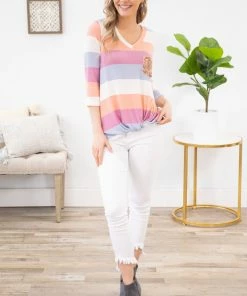 Lovely Melody LONG SLEEVES Coral Multicolor Stripe Top With Sequin Pocket