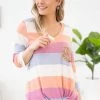 Lovely Melody LONG SLEEVES Coral Multicolor Stripe Top With Sequin Pocket