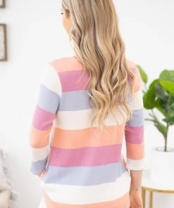 Lovely Melody LONG SLEEVES Coral Multicolor Stripe Top With Sequin Pocket