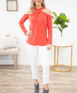 143 Story Red Criss-Cross Cold Shoulder Top