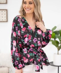 Peach Love Black Multicolor Floral Peplum Top