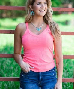Filly Flair Neon Coral Rib Knit Fitted Tank Tops