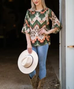 SOL RHR Olive Multicolor Chevron Print Top