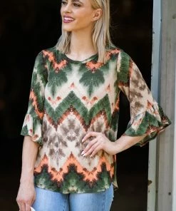 SOL RHR Olive Multicolor Chevron Print Top